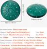 A green steel tongue drum with gold markings and numerical labels, shown from top and side views, with accompanying product specifications and dimensions. Podgląd zdjęcia produktu