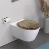 A modern wall-mounted toilet with a wooden-look toilet seat and a roll of toilet paper on a holder. Náhled obrázku produktu