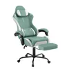 A green and white gaming chair with a footrest is shown against a white background.