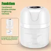 A white electric food chopper is shown, with an inset image demonstrating its disassembled parts for cleaning. Text describes its functions and cleaning benefits. Produktbild-Vorschau