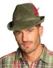 A man wearing a green hat with a feather and a plaid shirt. Voir les images du produit