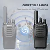 Two walkie-talkies are shown, one in focus and one faded, with a graphic indicating compatibility and children playing in the background. Produktbild-Vorschau