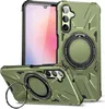 A dark green phone case with a magnetic ring stand is shown from multiple angles, with a phone partially visible behind it. Produktbild-Vorschau