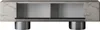 A modern TV cabinet with a marble-like finish and silver cylindrical legs, presented against a white background. Voir les images du produit