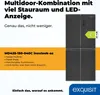 A black Multidoor refrigerator with an energy efficiency label and marketing text. Produktbild-Vorschau