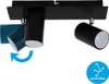 A black ceiling spotlight with two adjustable heads, one of which is shown in a blue color. Produktbild-Vorschau