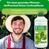 A man wearing a hat and apron smiles at the camera, with a bottle of plant fertilizer and green foliage in the background. Produktbild-Vorschau