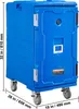 A blue insulated food carrier with wheels and dimensions indicated. Náhľad obrázku produktu