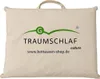 A beige pillow or duvet cover with branding and website information printed on it. Produktbild-Vorschau
