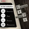 A set of door handles and accessories laid out on a wooden surface, with a black overlay displaying product information. Produktbild-Vorschau