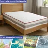 A mattress on a wooden bed frame, with seasonal imagery at the bottom. Produktbild-Vorschau