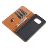 A brown leather wallet-style phone case is open, showing card slots and a bill compartment, with the phone holder part exposed. Produktbild-Vorschau