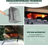 A collage of images showing a pizza oven and its accessories, with text describing its features and fuel options. Produktbild-Vorschau