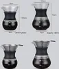 Collage of four different sizes of glass pour-over coffee makers with metal filters, showing dimensions and capacity. Produktbild-Vorschau