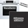 A split image showing a white oven on the left and a black induction hob on the right, with text overlays highlighting features. Produktbild-Vorschau