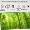 Collage with text and icons about bamboo features, over a photograph of a bamboo forest. Produktbild-Vorschau
