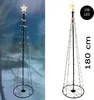 A cone-shaped LED Christmas tree with a star on top, shown in two different settings: one outdoors in a snowy environment and another on a white background with text overlays. Produktbild-Vorschau
