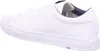 A side view of a white leather sneaker with a navy blue interior. Voir les images du produit