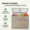 A wooden raised garden bed with a clear lid, filled with colorful flowers. Text overlays highlight product features. Produktbild-Vorschau
