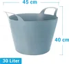 A light blue flexible laundry basket with handles is shown against a white background. Dimensions and capacity are indicated by text overlays. Produktbild-Vorschau