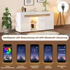 A modern white sideboard with wood accents, featuring integrated LED lighting controlled via a smartphone app. The image also displays screenshots of the app's interface. Voir les images du produit