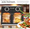 A dual-chamber air fryer is shown with food cooking inside, alongside a prepared meal on a plate. Produktbild-Vorschau