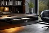 A modern office desk with a built-in drawer, bookshelves, and a large window overlooking a forest. Podgląd zdjęcia produktu