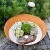 A decorative fire bowl filled with succulents and a candle, placed on a cobblestone patio next to a pine tree. Produktbild-Vorschau