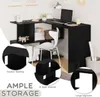 A black corner desk with shelves, shown in a room setting with a chair and some decorative items. Produktbild-Vorschau