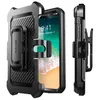A black phone case with a belt clip is shown from multiple angles next to an iPhone. Produktbild-Vorschau