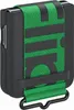 Close-up of the back of a black phone case with a green strap and black accents. Produktbild-Vorschau