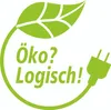 A green leaf with a power plug and the text "Öko? Logisch!" printed on it. Produktbild-Vorschau