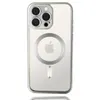 The back of a clear iPhone case with a silver metallic ring for MagSafe and a silver Apple logo. Produktbild-Vorschau