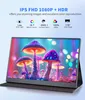 A portable monitor displaying a colorful image of mushrooms, with text describing its features. Produktbild-Vorschau