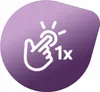A graphic icon showing a hand touching a button with '1x' next to it, indicating a single press. Produktbild-Vorschau