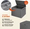 A marketing image showcasing a grey outdoor storage box with its lid open, highlighting its features with text and icons. Produktbild-Vorschau