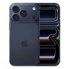 A dark blue iPhone 17 Pro Max is shown from the back and side, with its screen displaying a futuristic interface. Produktbild-Vorschau