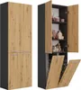 A tall, narrow cabinet with two sections. The top section has two doors, and the bottom section has two doors that open downwards to reveal two baskets. Anteprima dell’immagine prodotto