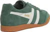 A side view of a green Gola sneaker with white stripes and a brown sole. Produktbild-Vorschau