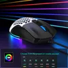 A gaming mouse with RGB lighting is shown against a background of colorful light streaks. Below the mouse, there is a graphic interface showing DPI settings and an RGB logo. Produktbild-Vorschau