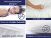 A collage of images showcasing a pillow and its features, including a person sleeping on it, a hand pressing into its softness, and close-ups of its fabric and moisture-regulating properties. Produktbild-Vorschau