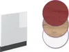 A product image showing a white high-gloss front panel with an anthracite base on the left, and three stacked circular samples of different materials (red, wood grain, white) on the right. Anteprima dell’immagine prodotto