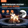 A fire pit ring with a fire burning inside, surrounded by stones. Text overlays highlight product features. Voir les images du produit