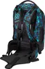 The back view of a black backpack with a blue and teal patterned design. Produktbild-Vorschau