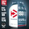 A product shot of a Dymatize ISO 100 Hydrolyzed Whey Protein Isolate container, with nutritional information displayed on the left side. Náhľad obrázku produktu