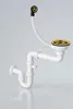 A white sink drain assembly with a gold strainer is shown against a light gray background. Anteprima dell’immagine prodotto