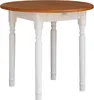 A round dining table with a wooden top and white legs, shown from the front. Náhled obrázku produktu