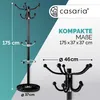A collage of images showing a black coat rack with a marble base, along with its dimensions and brand logo. Anteprima dell’immagine prodotto