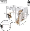 A diagram of a loft bed with a desk and storage stairs, showing dimensions. Voir les images du produit