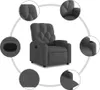 A collage of images showing different features of a dark gray fabric recliner chair. Náhled obrázku produktu